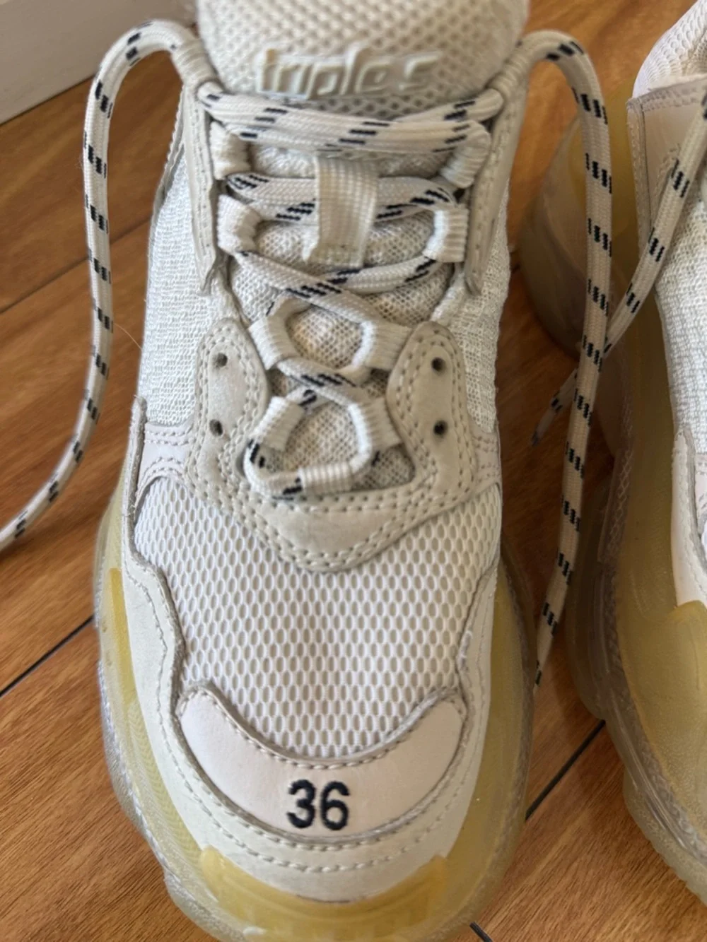 Balenciaga White Cream Triple S Mesh Leather Sneakers - Picture 2 of 10